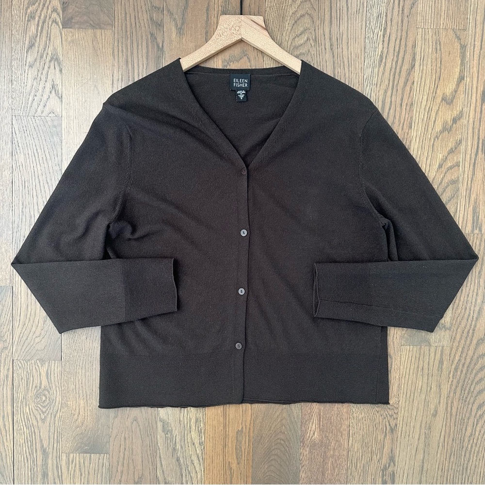 Eileen Fisher V-Neck Long Sleeve Lightweight Knit Cardigan Sweater Brown Small